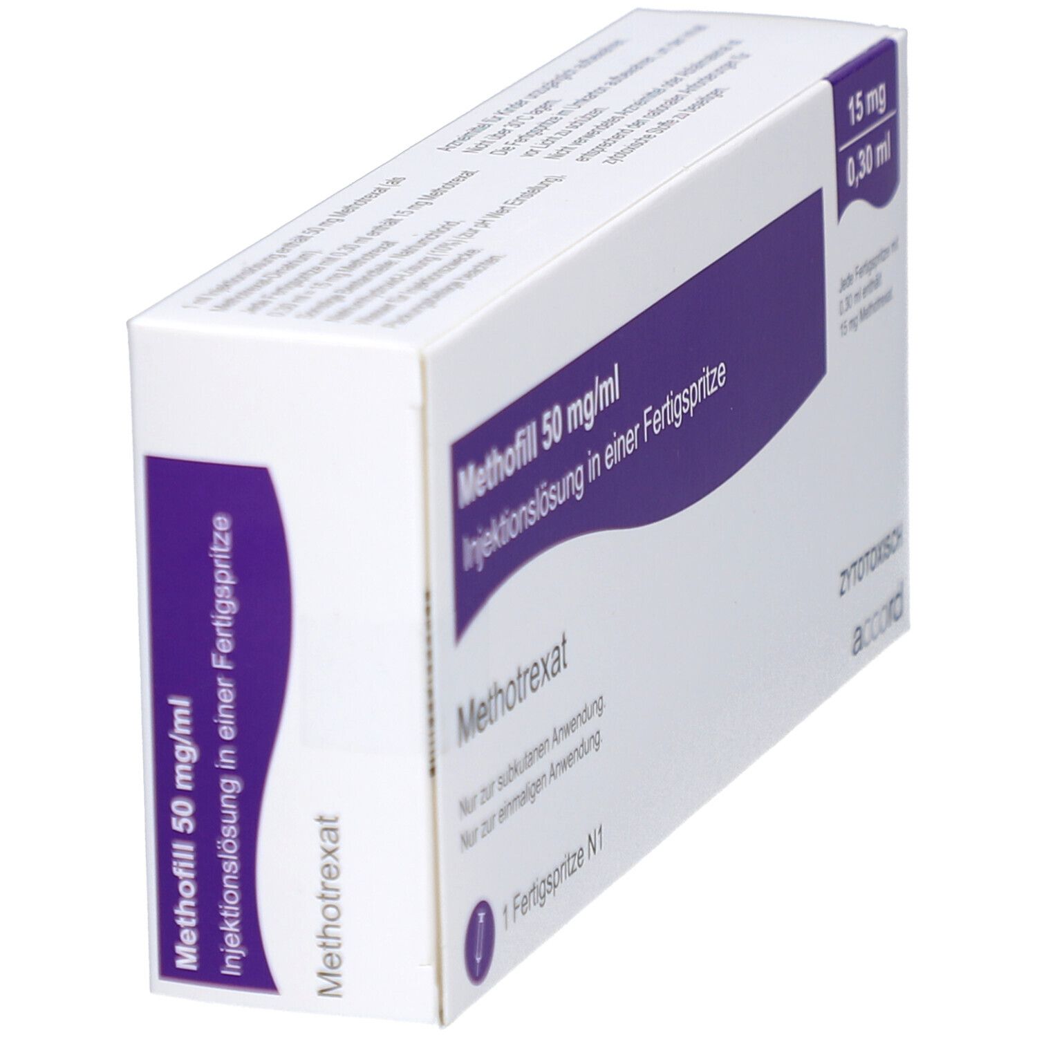Schräg gestellte weiße Schachtel mit lila Akzenten. Beschriftung: Methofill 50 mg/ml Injektionslösung, 15 mg/0,30 ml. Eine Fertigspritze.