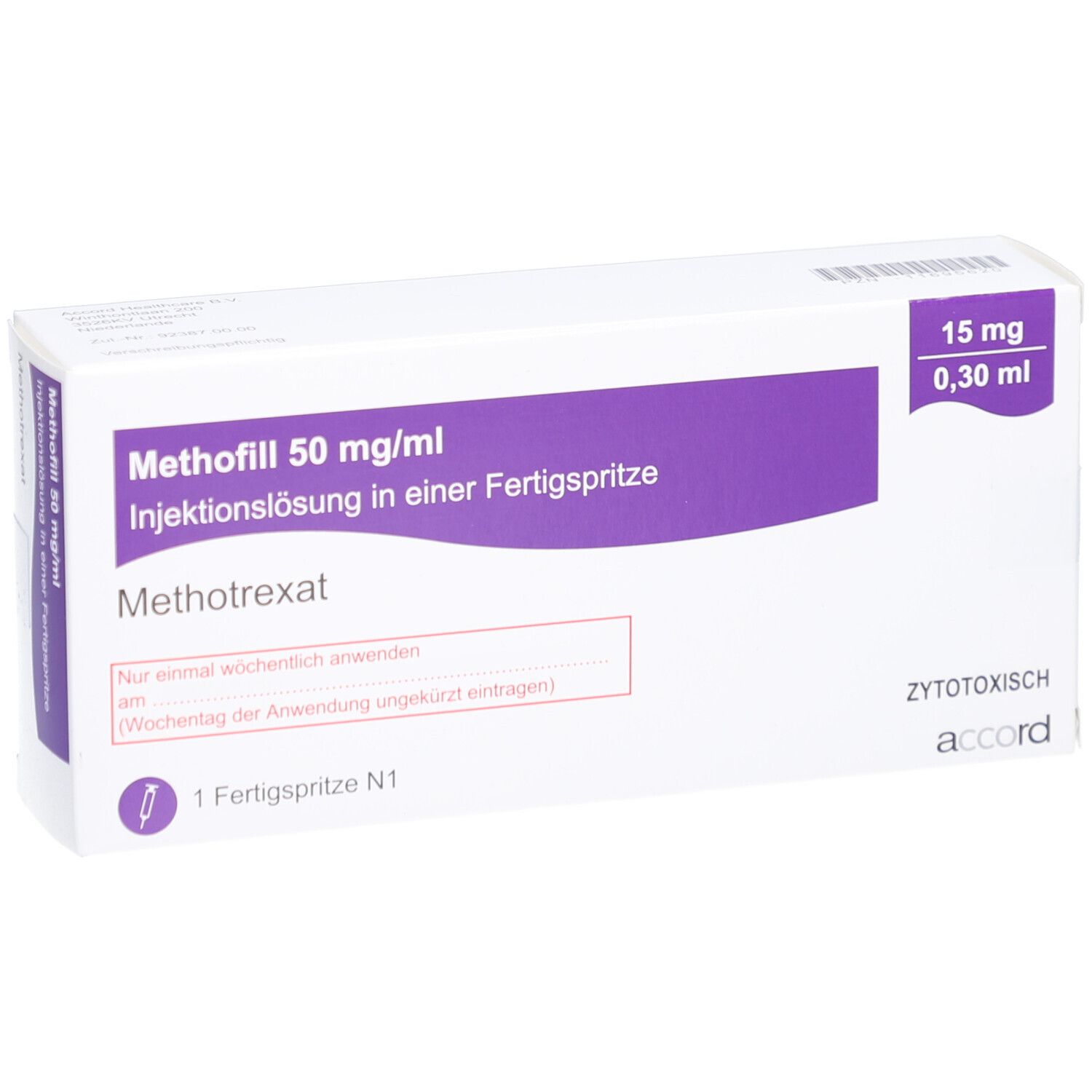 Weiße Schachtel mit lila Akzenten. Beschriftung: Methofill 50 mg/ml Injektionslösung, 15 mg/0,30 ml. Enthält eine Fertigspritze.