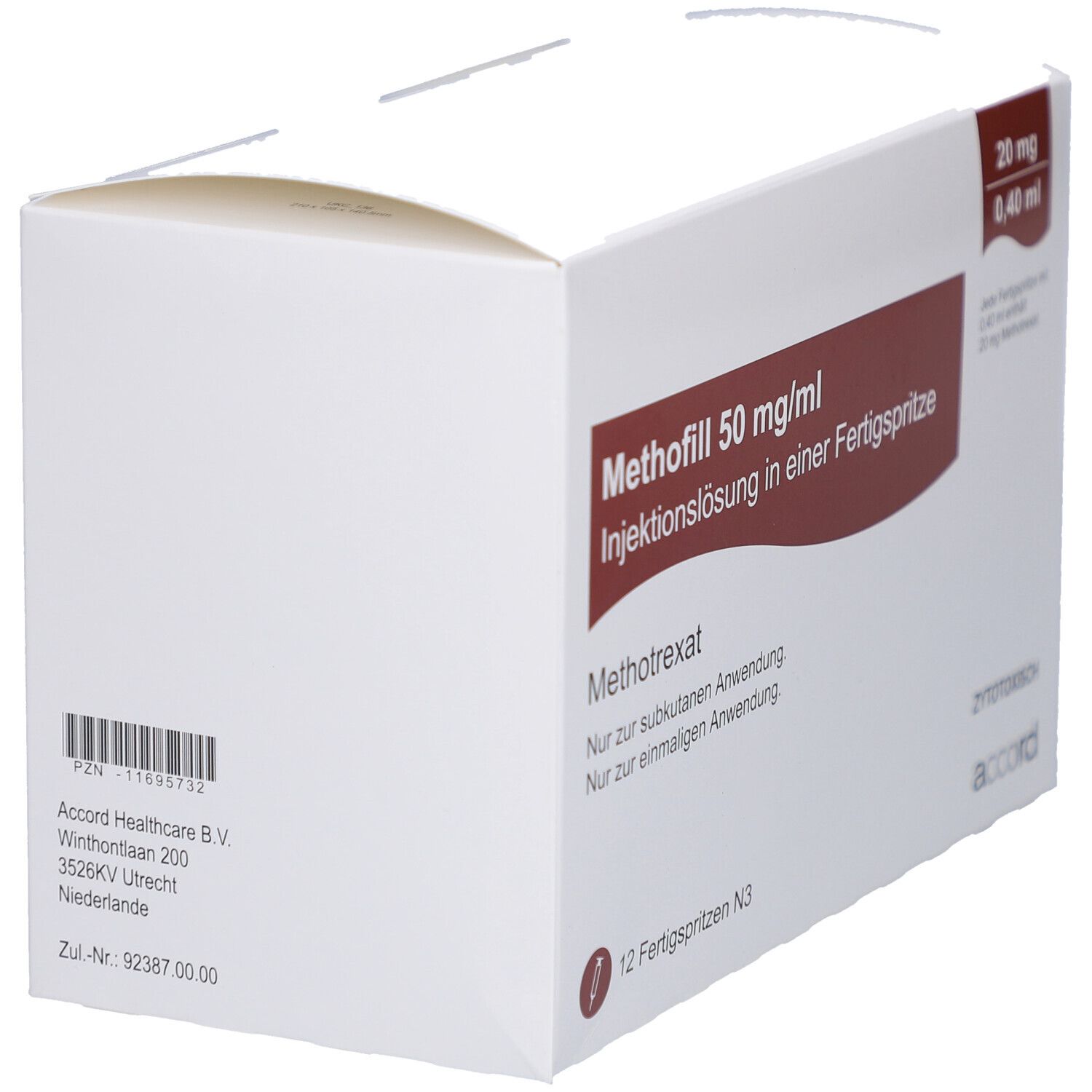 Weiße Faltschachtel mit roter Beschriftung. Enthält 12 Fertigspritzen. Aufschrift: Methofill 50 mg/ml Injektionslösung.