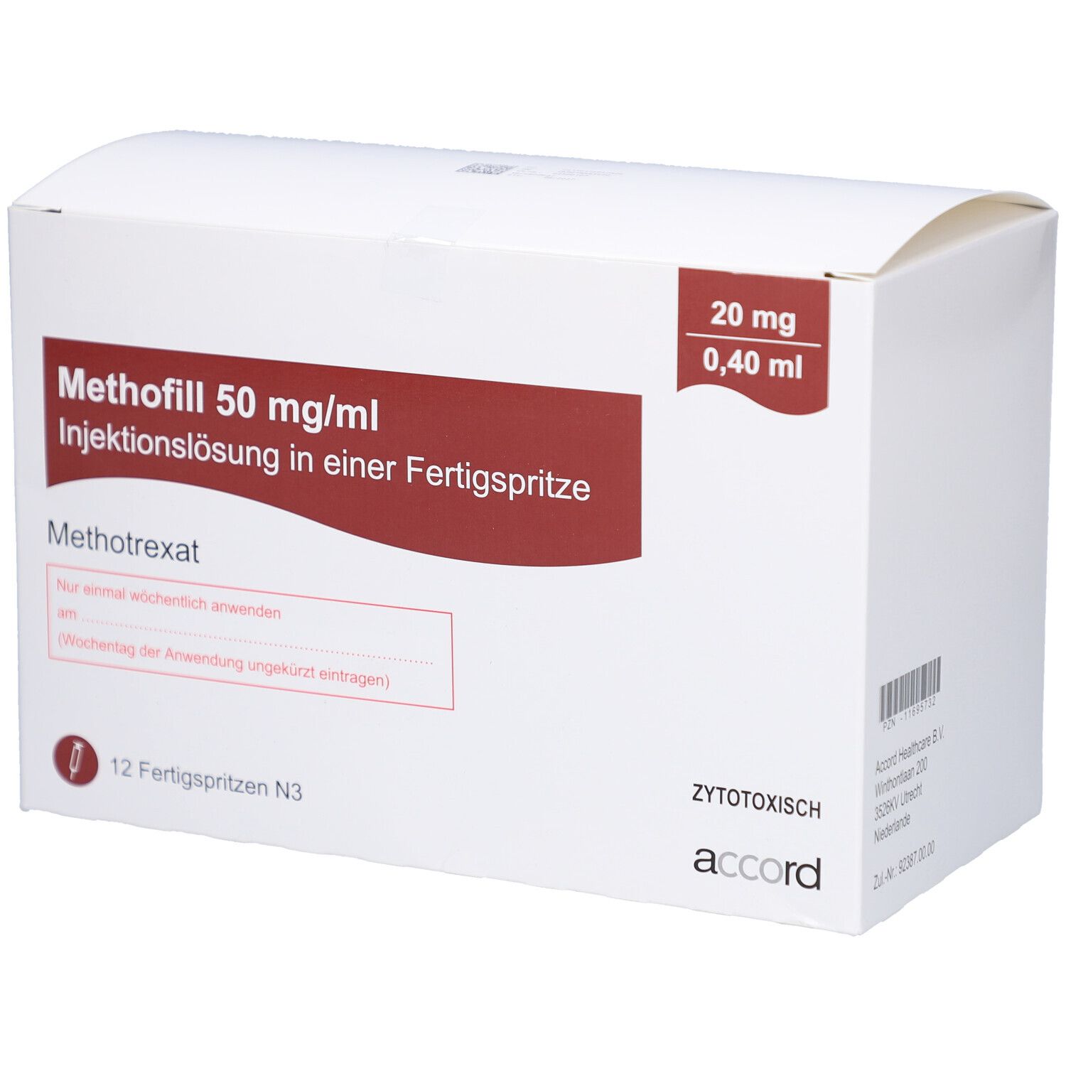 Weiße Faltschachtel mit roter Beschriftung. Enthält 12 Fertigspritzen. Aufschrift: Methofill 50 mg/ml Injektionslösung.