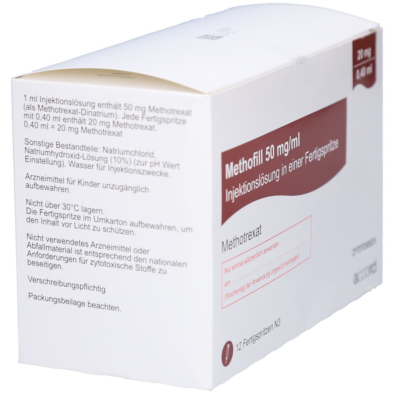 Weiße Faltschachtel mit roter Beschriftung. Enthält 12 Fertigspritzen. Aufschrift: Methofill 50 mg/ml Injektionslösung.