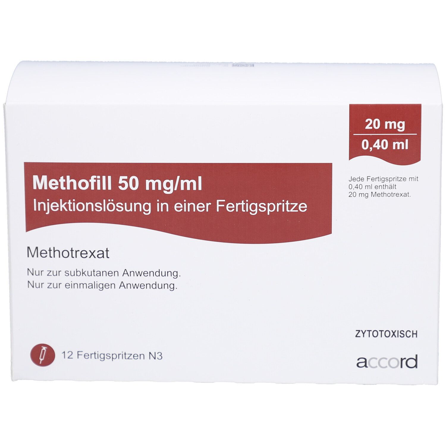 Weiße Faltschachtel mit roter Beschriftung. Enthält 12 Fertigspritzen. Aufschrift: Methofill 50 mg/ml Injektionslösung.