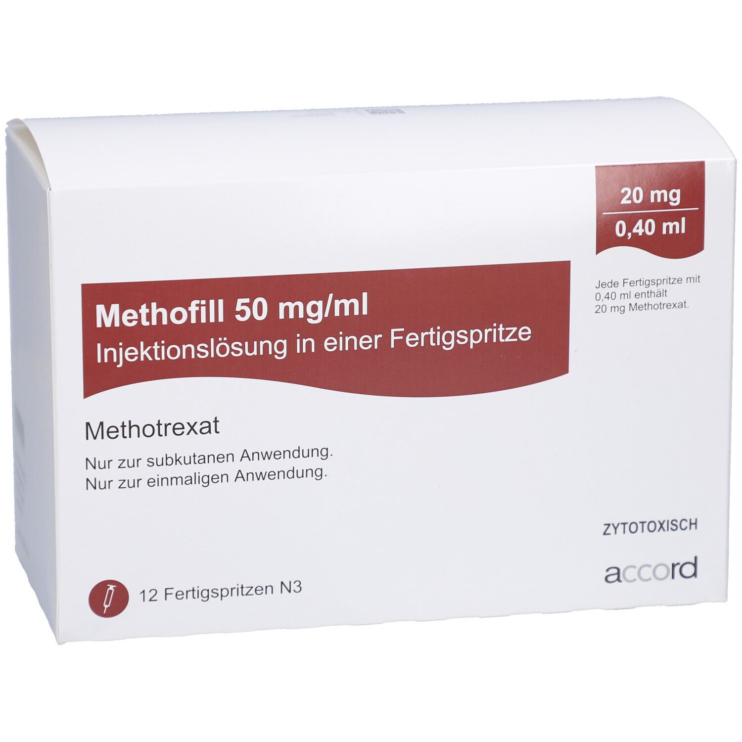 Weiße Faltschachtel mit roter Beschriftung. Enthält 12 Fertigspritzen. Aufschrift: Methofill 50 mg/ml Injektionslösung.