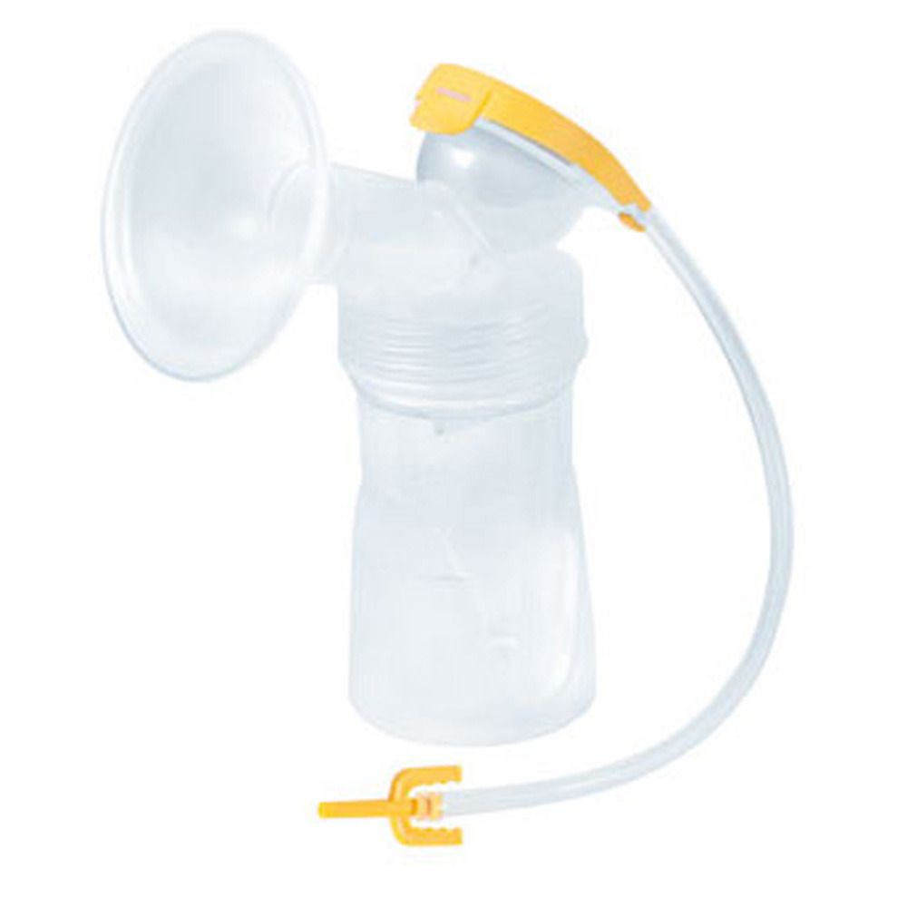 Brustpumpe mit Trichter, Flasche, gelben Elementen und Schlauch. Transparentes Kunststoffmaterial.