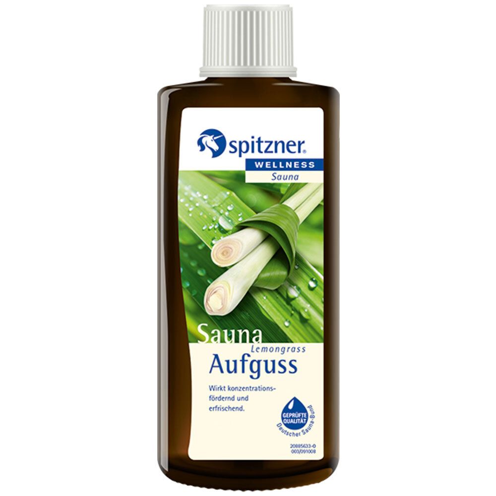 Braune Flasche mit weißem Deckel. Etikett mit Lemongrass-Illustration und Schriftzug "Sauna Aufguss". Geprüfte Qualität.