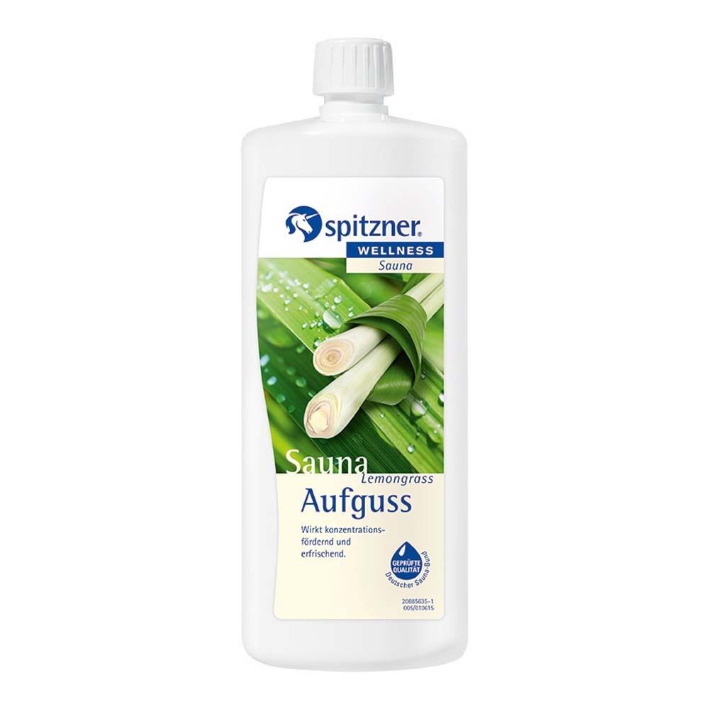 Weiße Flasche mit Aufdruck. Logo Spitzner Wellness Sauna. Abbildung von Zitronengras. Text: Sauna Aufguss, Lemongrass.