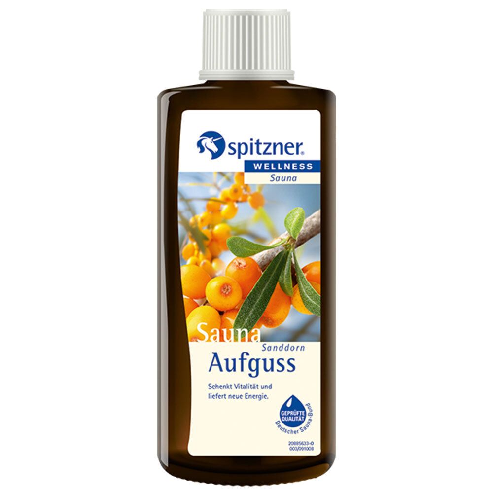 Braune Flasche mit weißem Deckel. Etikett mit Logo, Sanddorn-Abbildung und Schriftzug Sauna Aufguss. Geprüfte Qualität.