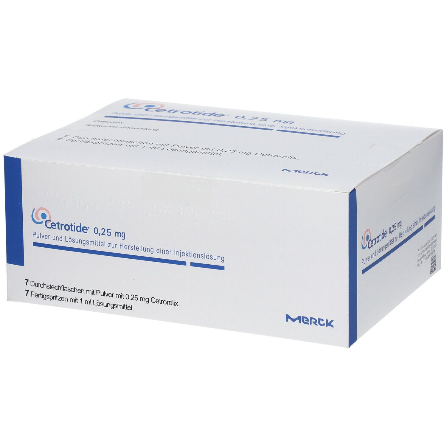 Weiße Kartonverpackung mit blauen Akzenten. Aufschrift: Cetrotide 0,25 mg. Enthält 7 Durchstechflaschen und Fertigspritzen.