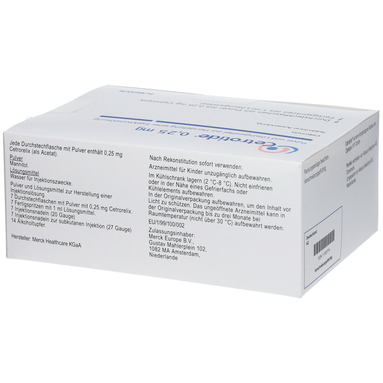 Kartonverpackung mit Cetrotide 0,25 mg. Enthält Informationen zur Anwendung und Lagerung. Weiß mit blauen Akzenten.