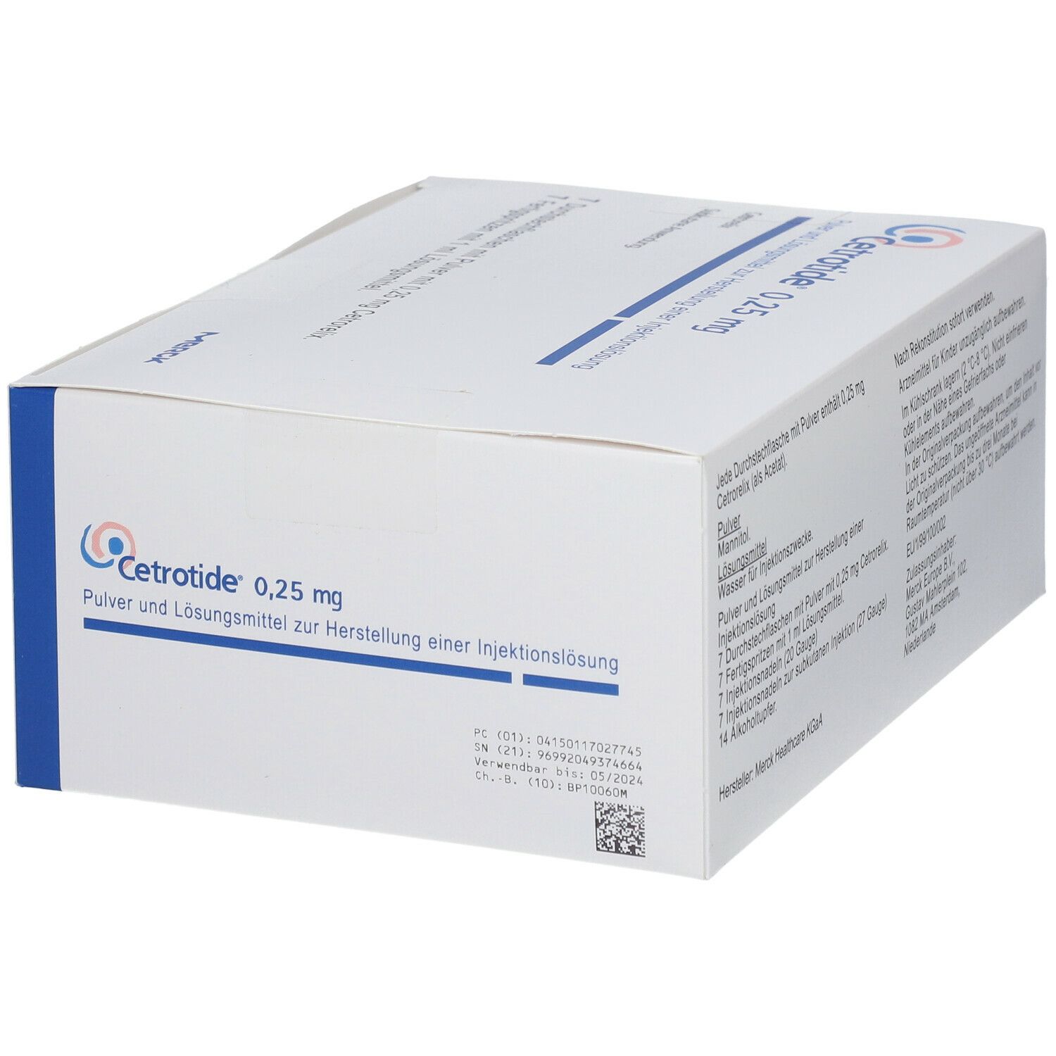Weiße Kartonverpackung mit blauen Akzenten. Aufschrift: Cetrotide 0,25 mg. Enthält Informationen zum Inhalt.