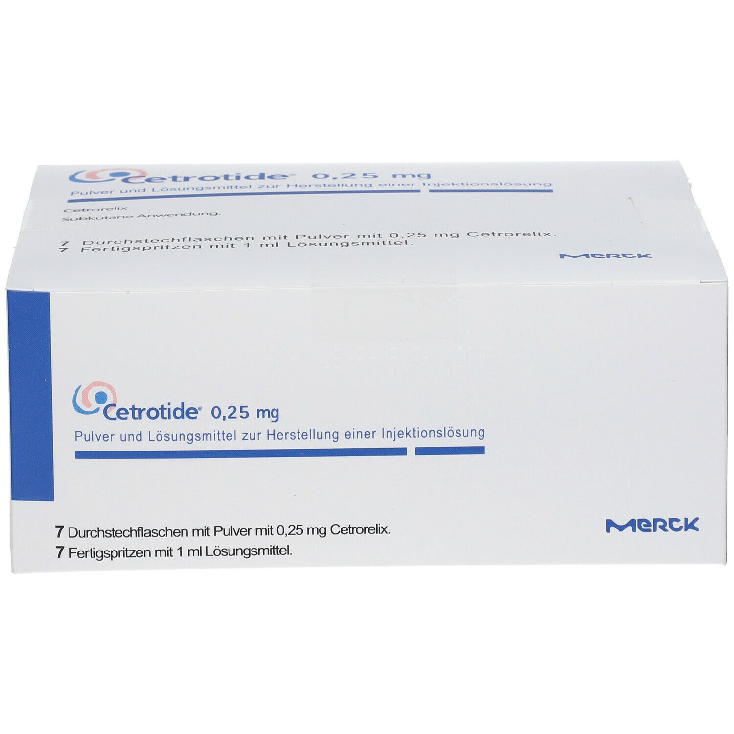 Weiße Kartonverpackung mit blauen Akzenten. Aufschrift: Cetrotide 0,25 mg. Enthält 7 Durchstechflaschen und Fertigspritzen.