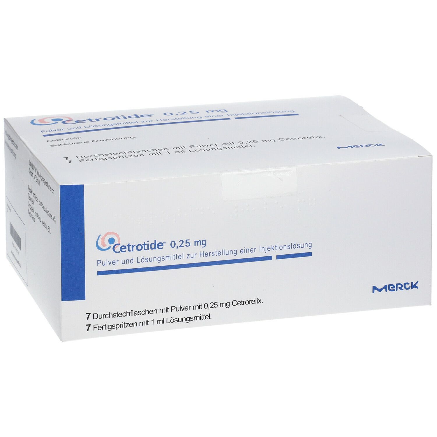 Weiße Kartonverpackung mit blauen Akzenten. Aufschrift: Cetrotide 0,25 mg. Enthält 7 Durchstechflaschen und Fertigspritzen.