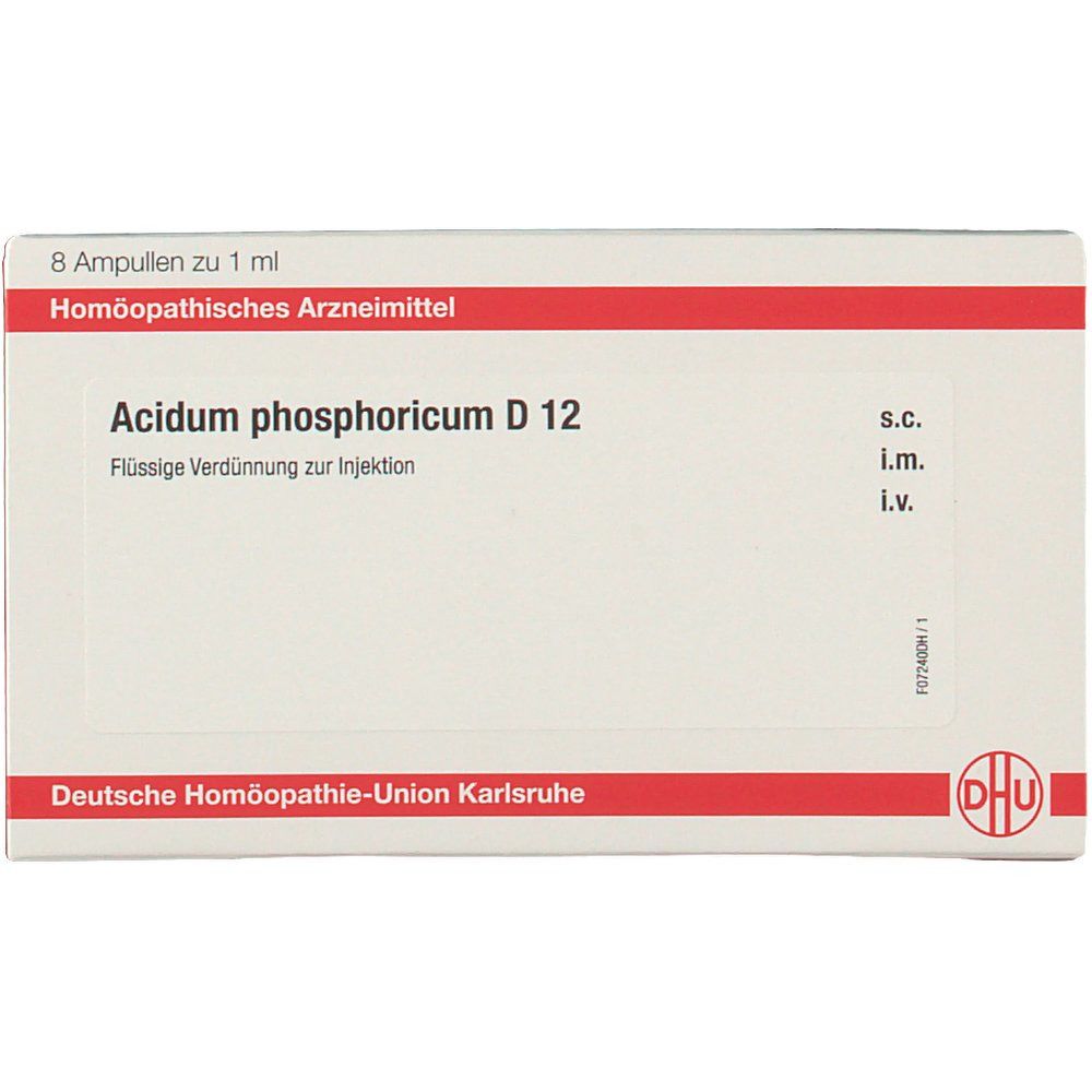 Verpackung von DHU Acidum phosphoricum D 12. Enthält 8 Ampullen. Aufschrift: Flüssige Verdünnung zur Injektion. Logo DHU.