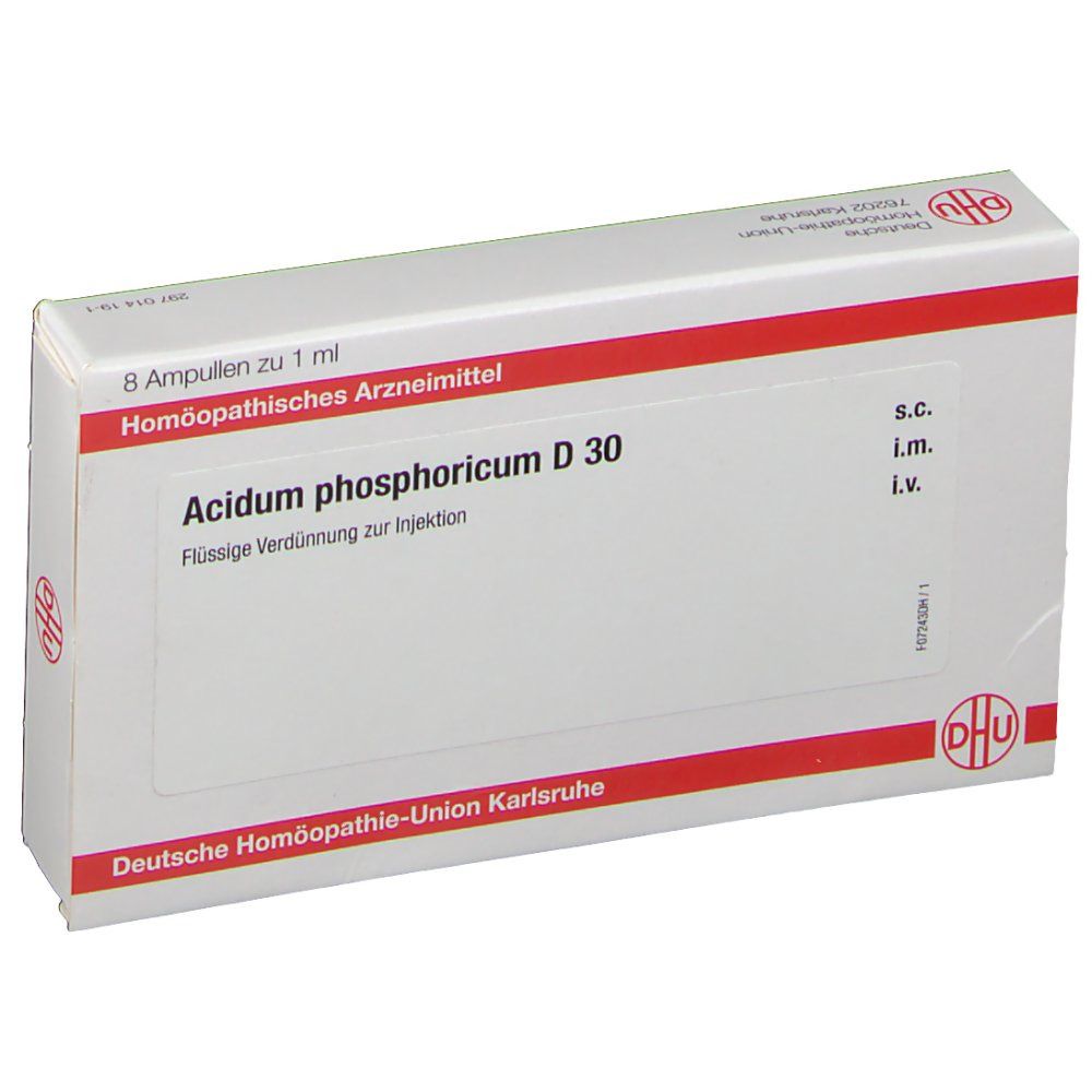 Schachtel mit 8 Ampullen DHU Acidum phosphoricum D30. Rote und weiße Verpackung. Text: 'Flüssige Verdünnung zur Injektion'.