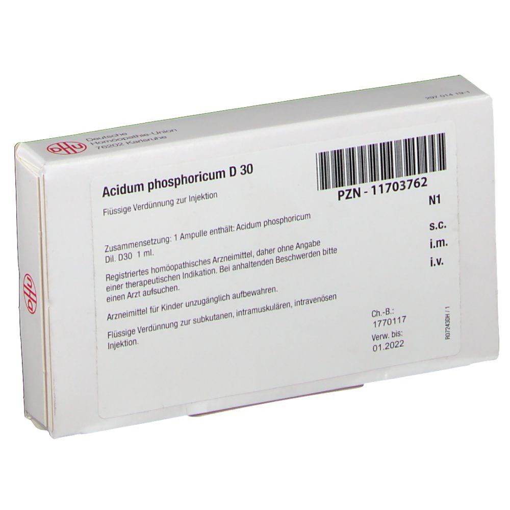 Rückseite der Schachtel DHU Acidum phosphoricum D30. Text und Barcode. Angaben zur Zusammensetzung und Anwendung.