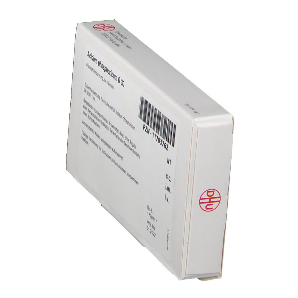 Schachtel DHU Acidum phosphoricum D30, schräg. Text und Barcode sichtbar. Logo DHU.