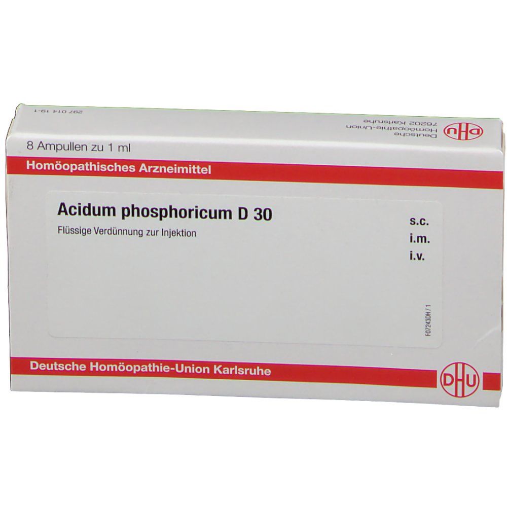 Schachtel mit 8 Ampullen DHU Acidum phosphoricum D30. Rote und weiße Verpackung. Text: 'Flüssige Verdünnung zur Injektion'.