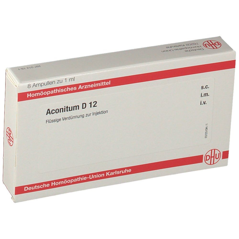 Verpackung mit 8 Ampullen Aconitum D 12. Aufschrift: Flüssige Verdünnung zur Injektion. Logo DHU. Rote Streifen.