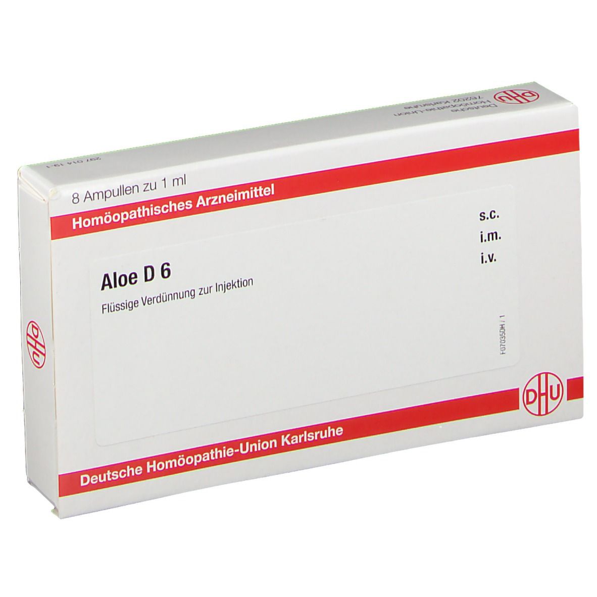 Weiße Faltschachtel mit roter Linie. Beschriftung: Aloe D 6, 8 Ampullen, DHU Logo. Arzneimittel zur Injektion.