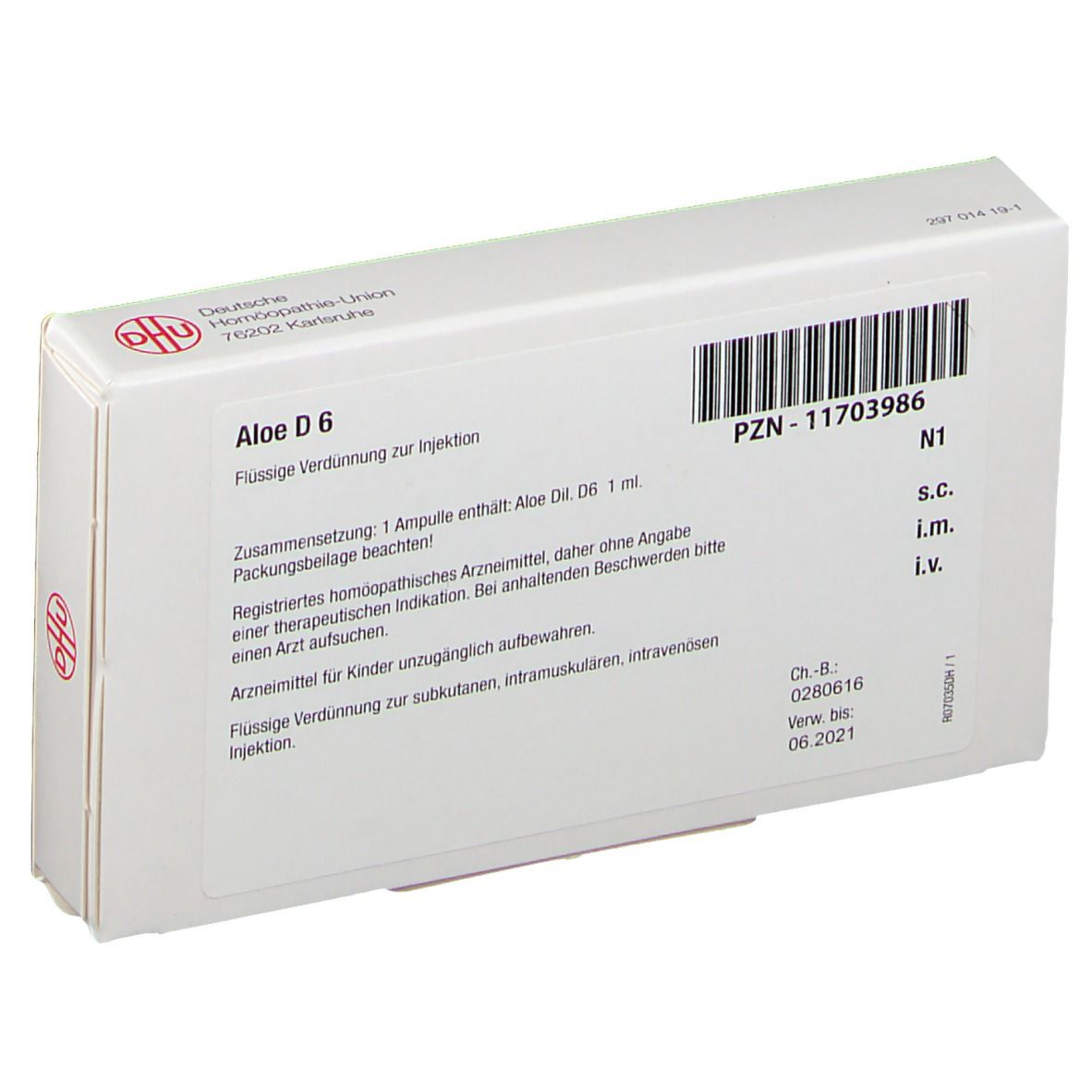 Rückseite der Faltschachtel. Beschriftung: Aloe D 6, PZN-11703986, DHU Logo. Text in deutscher Sprache.