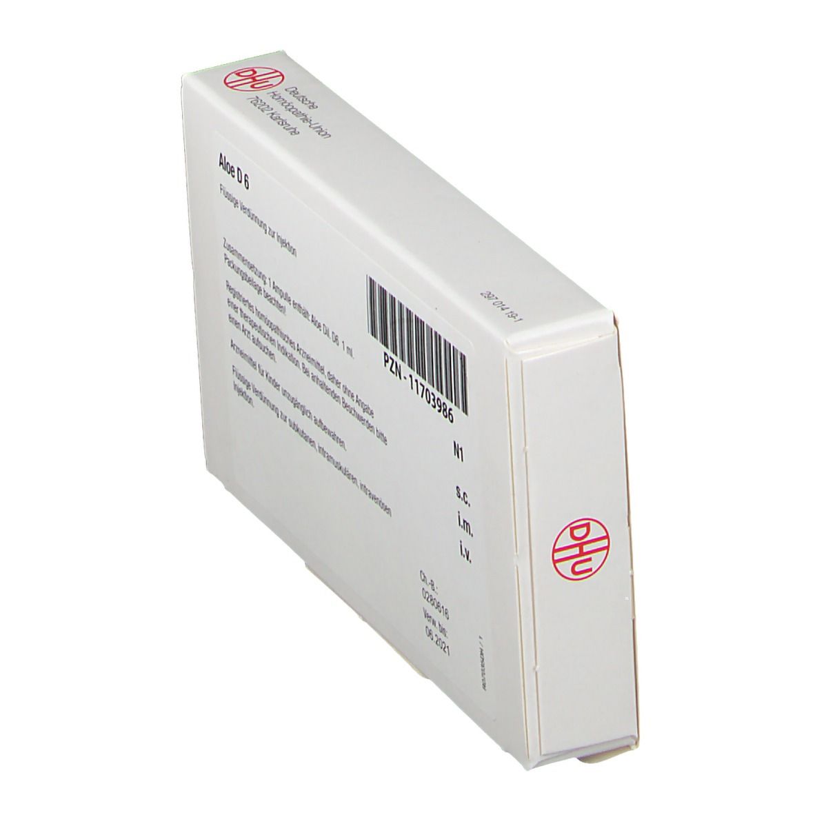 Schachtel schräg von oben. Beschriftung: Aloe D 6, PZN-11703986, DHU Logo. Text in deutscher Sprache.