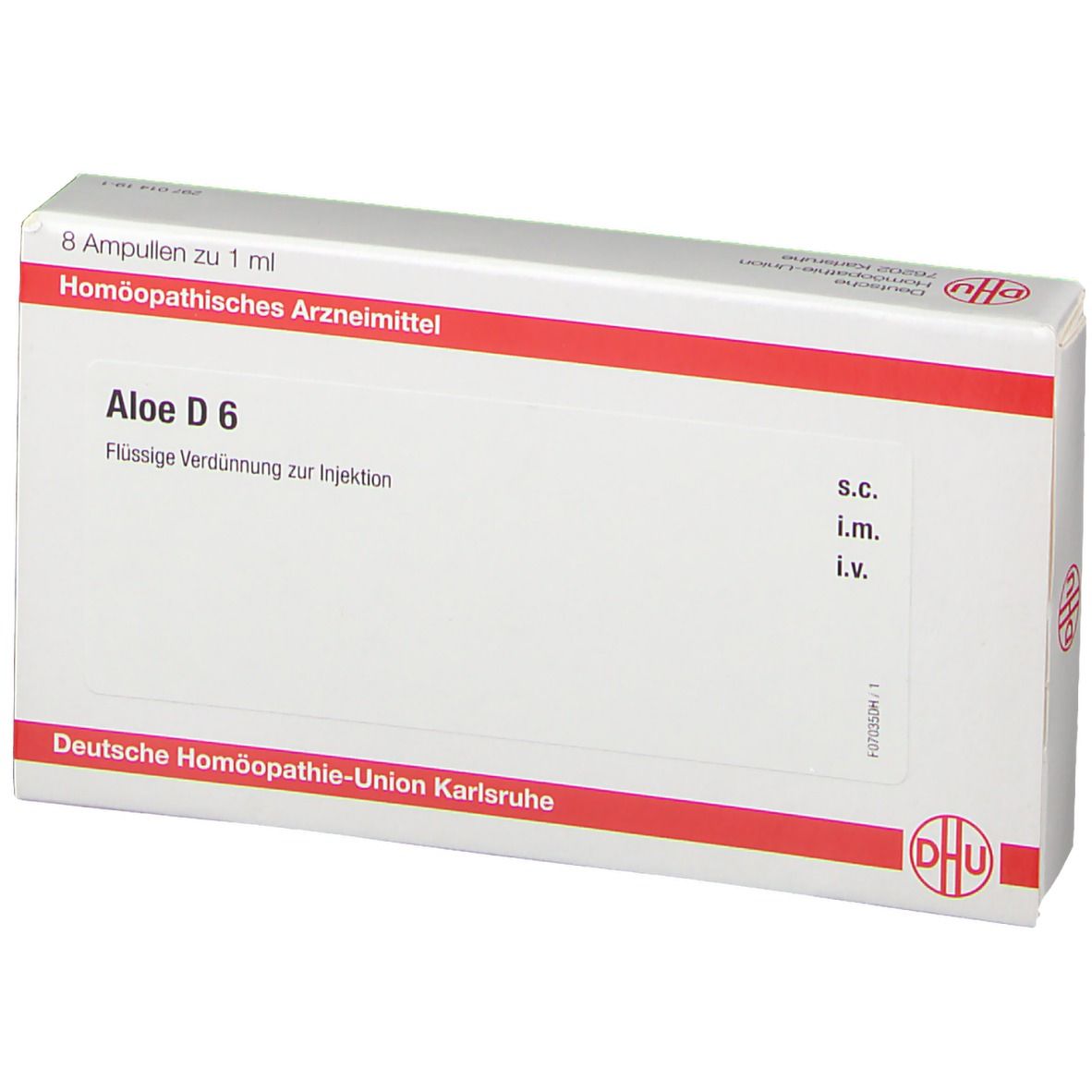 Weiße Faltschachtel mit roter Linie. Beschriftung: Aloe D 6, 8 Ampullen, DHU Logo. Arzneimittel zur Injektion.