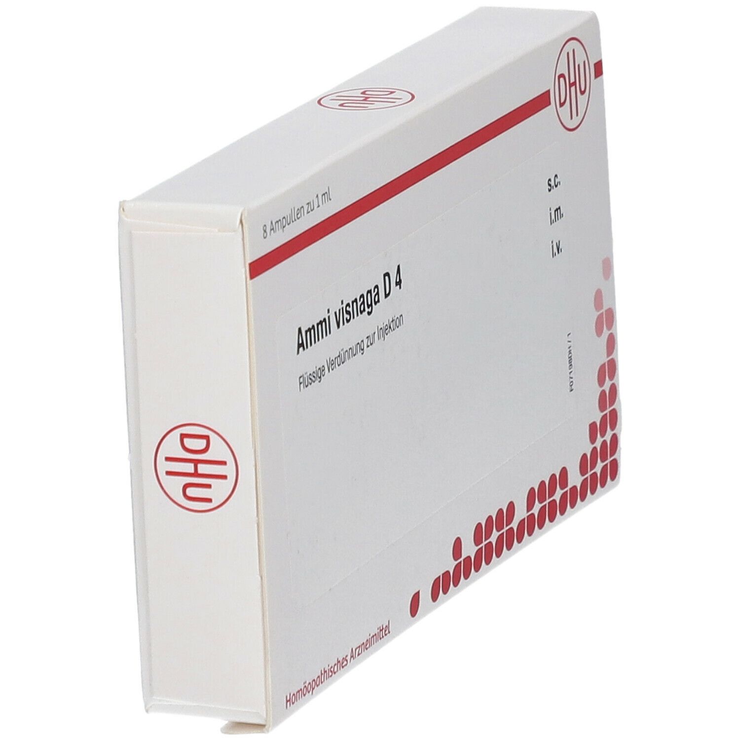 Schachtel, weiß mit roter Schrift. Aufschrift: Ammi visnaga D4. DHU-Logo. Schräge Ansicht.
