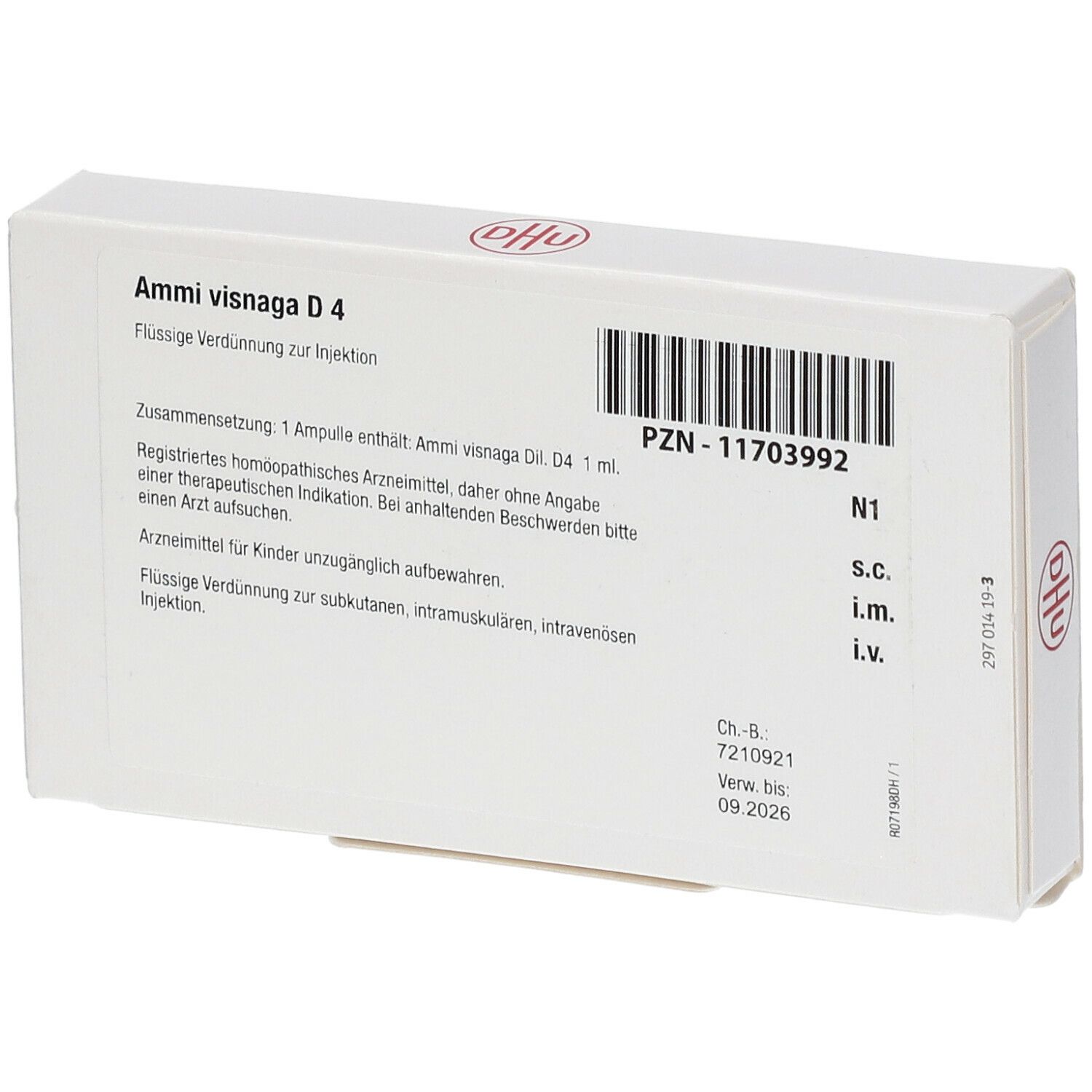 Rückseite der weißen Schachtel. Aufschrift: Ammi visnaga D4. Barcode und weitere Informationen. DHU-Logo.
