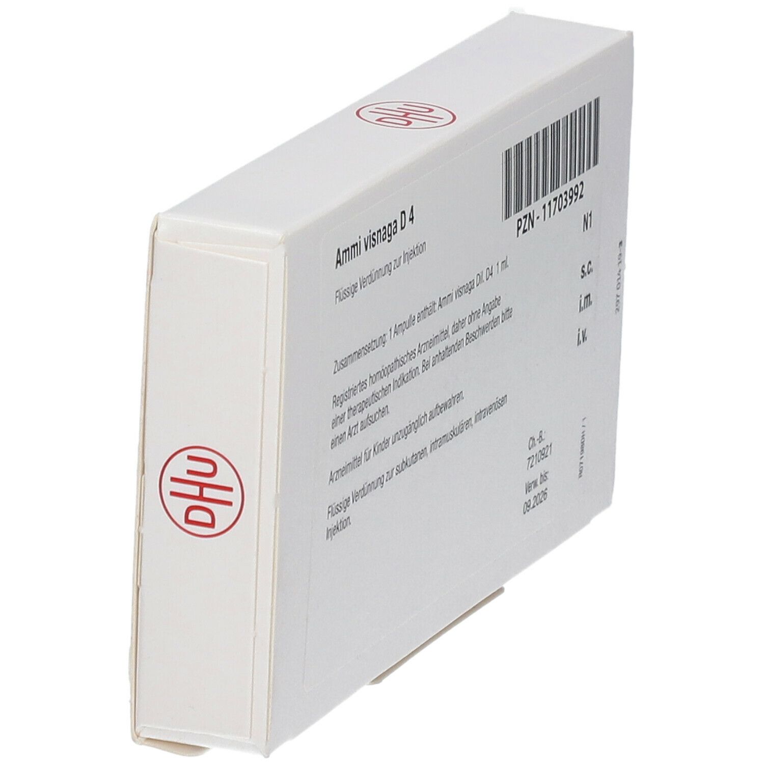 Schräge Ansicht der weißen Schachtel. Aufschrift: Ammi visnaga D4. Barcode und weitere Informationen. DHU-Logo.