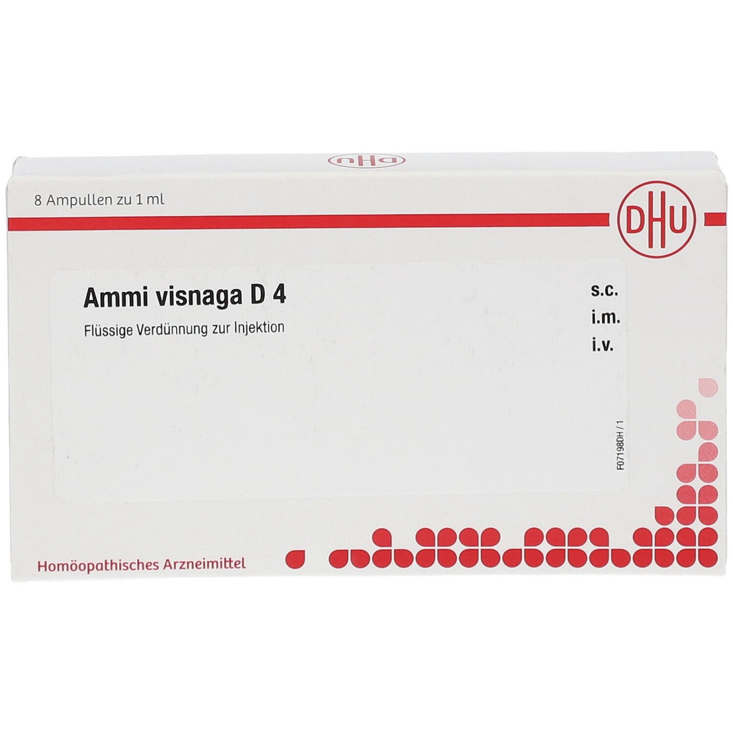 Weiße Schachtel mit roter Schrift. Aufschrift: Ammi visnaga D4. Enthält 8 Ampullen. DHU-Logo.