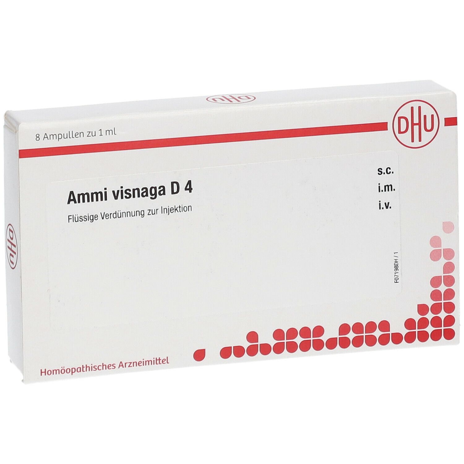 Weiße Schachtel mit roter Schrift. Aufschrift: Ammi visnaga D4. Enthält 8 Ampullen. DHU-Logo.