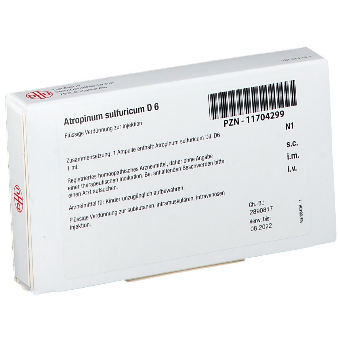 Rückseite der Schachtel. Aufschrift: Atropinum sulfuricum D 6. PZN-11704299. Logo Deutsche Homöopathie-Union Karlsruhe.