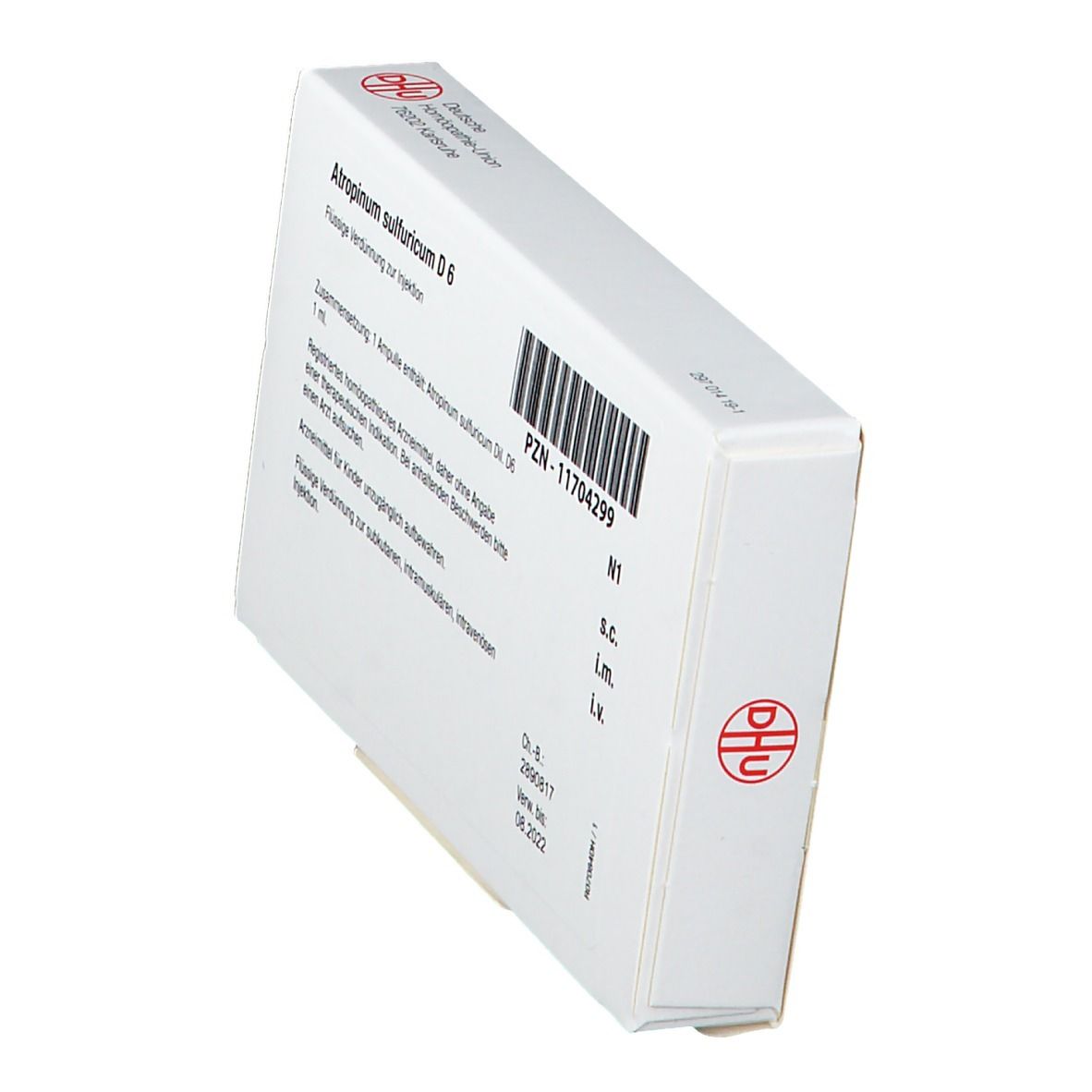 Schachtel, schräg von oben. Aufschrift: Atropinum sulfuricum D 6. PZN-11704299. Logo Deutsche Homöopathie-Union Karlsruhe.