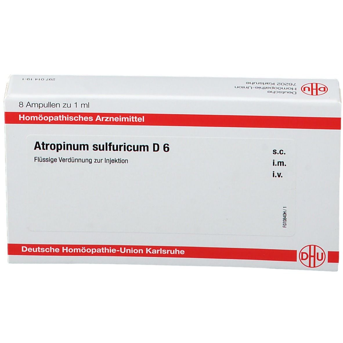 Schachtel mit 8 Ampullen. Aufschrift: Atropinum sulfuricum D 6. Logo Deutsche Homöopathie-Union Karlsruhe.