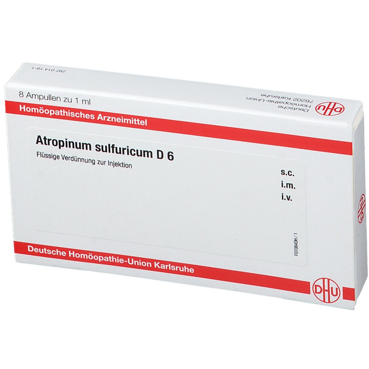 Schachtel mit 8 Ampullen. Aufschrift: Atropinum sulfuricum D 6. Logo Deutsche Homöopathie-Union Karlsruhe.