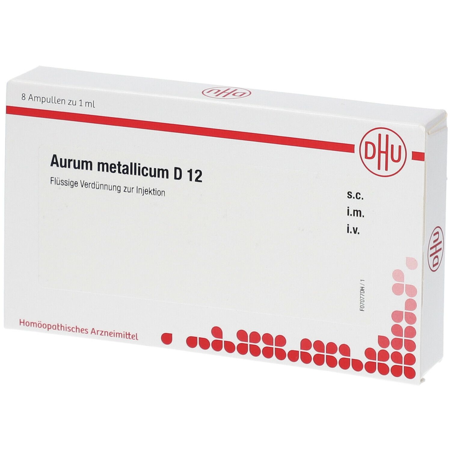 Weiße Schachtel mit roter und schwarzer Schrift. Aufschrift: Aurum metallicum D 12, 8 Ampullen. Logo: DHU.