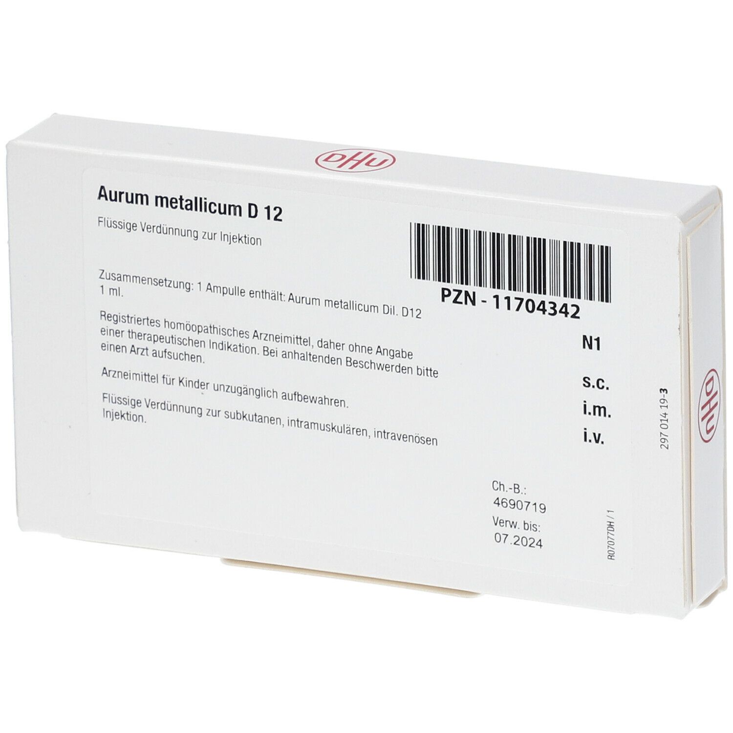 Rückseite der weißen Schachtel. Aufschrift: Aurum metallicum D 12. Barcode, PZN-Nummer, Logo: DHU. Verfallsdatum.