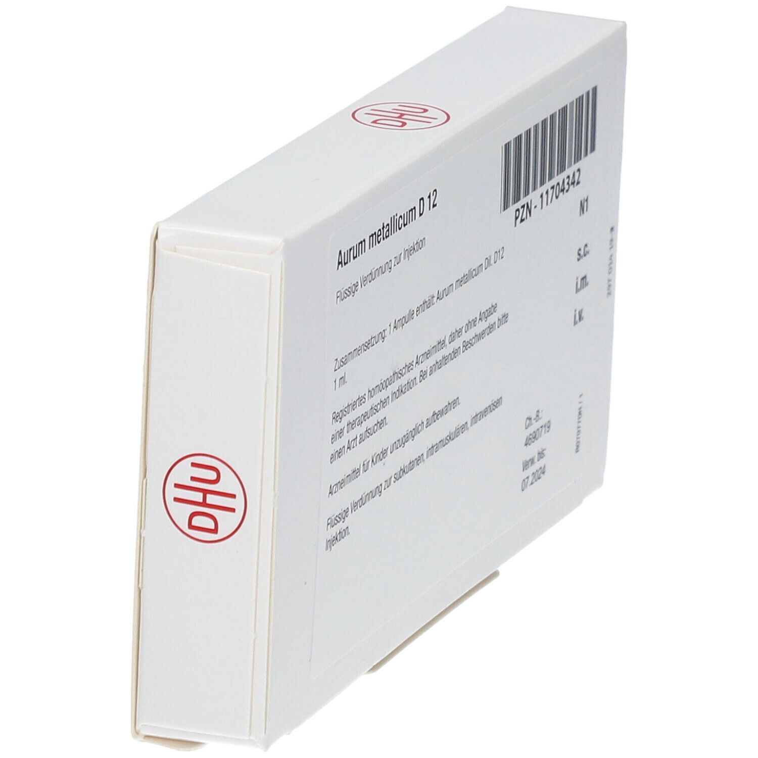 Schachtel, seitliche Ansicht. Aufschrift: Aurum metallicum D 12. Barcode, PZN-Nummer, Logo: DHU. Verfallsdatum.