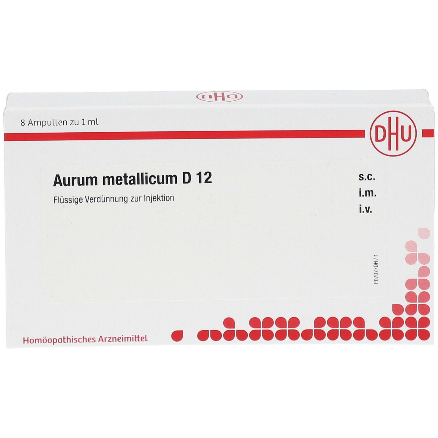 Weiße Schachtel mit roter und schwarzer Schrift. Aufschrift: Aurum metallicum D 12, 8 Ampullen. Logo: DHU.