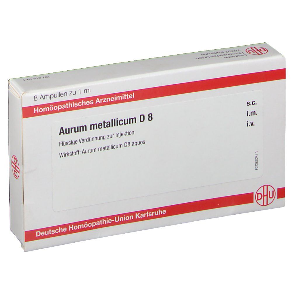 Verpackung von DHU Aurum Metallicum D8. Weißer Karton mit roter Linie. Text: Aurum metallicum D8, 8 Ampullen.
