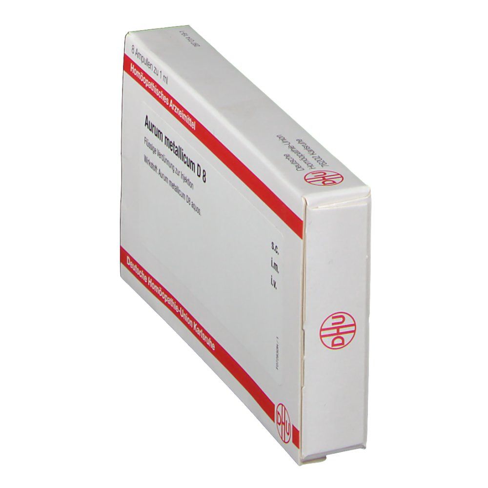 Schräg gestellte Verpackung von DHU Aurum Metallicum D8. Weißer Karton mit roter Linie. Text: Aurum metallicum D8.