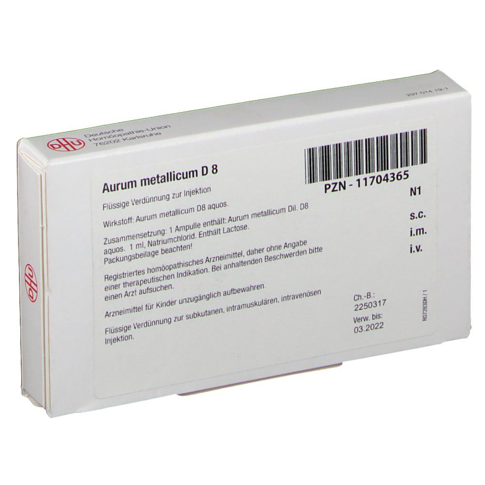 Rückseite der Verpackung von DHU Aurum Metallicum D8. Weißer Karton. Text: Aurum metallicum D8, PZN-11704365.