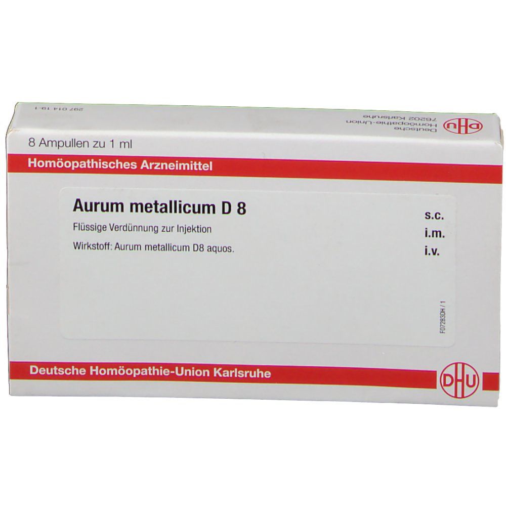Verpackung von DHU Aurum Metallicum D8. Weißer Karton mit roter Linie. Text: Aurum metallicum D8, 8 Ampullen.