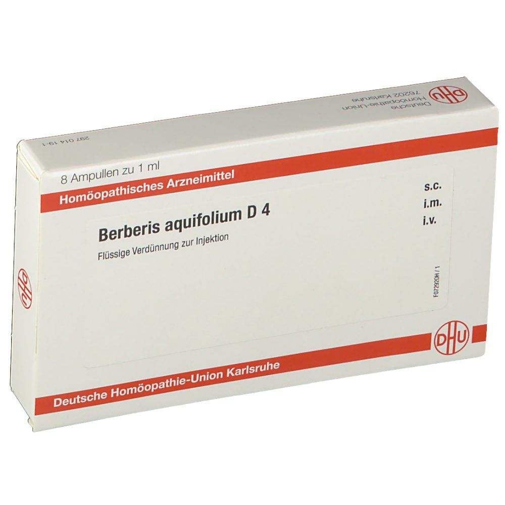 Schachtel mit "Berberis aquifolium D4". 8 Ampullen. Rote und weiße Verpackung. DHU-Logo.