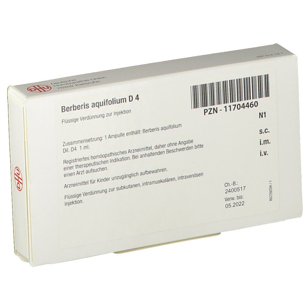 Rückseite der Schachtel "Berberis aquifolium D4". Text, Barcode, DHU-Logo. Weiße Verpackung.