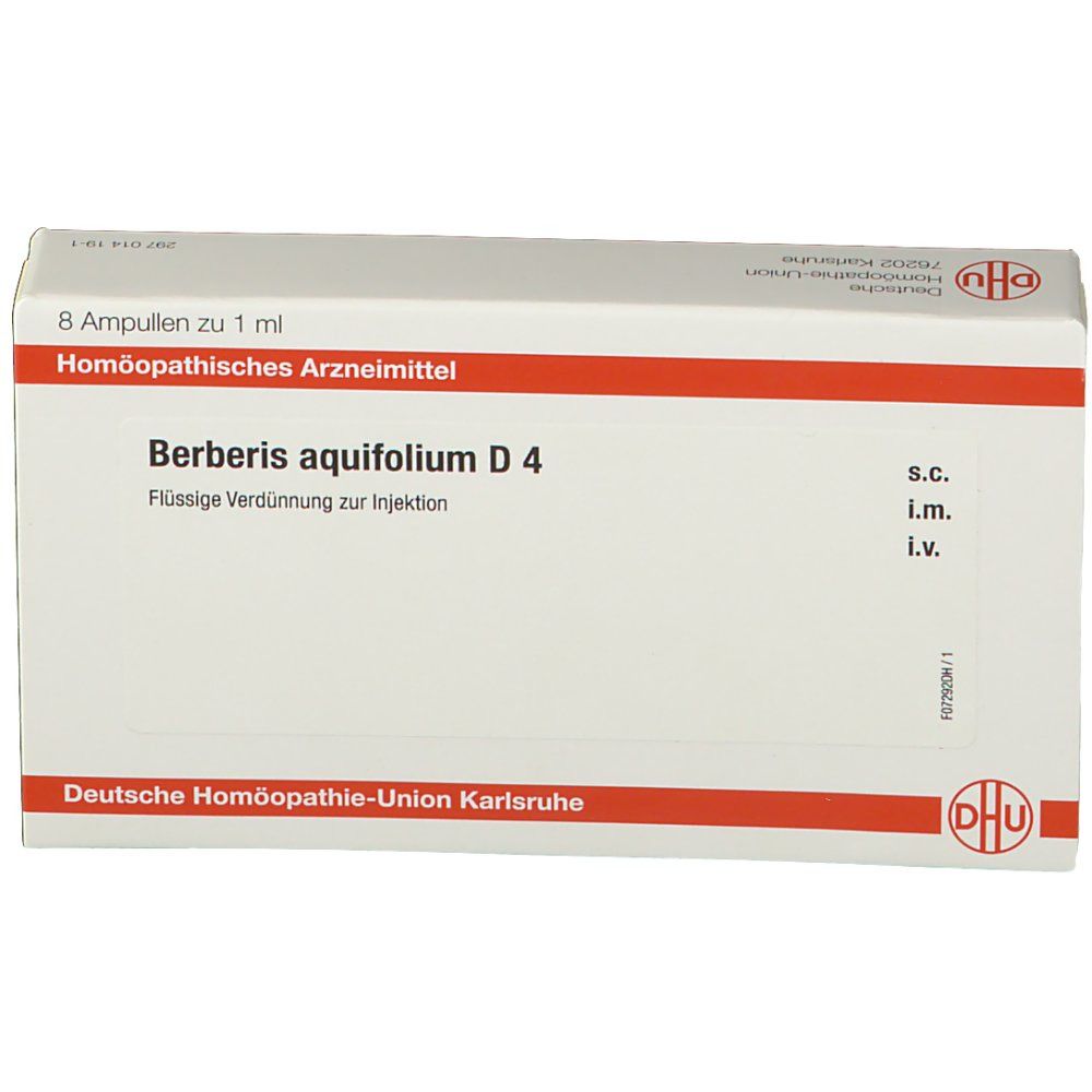 Schachtel "Berberis aquifolium D4". 8 Ampullen. Rote und weiße Verpackung. DHU-Logo.