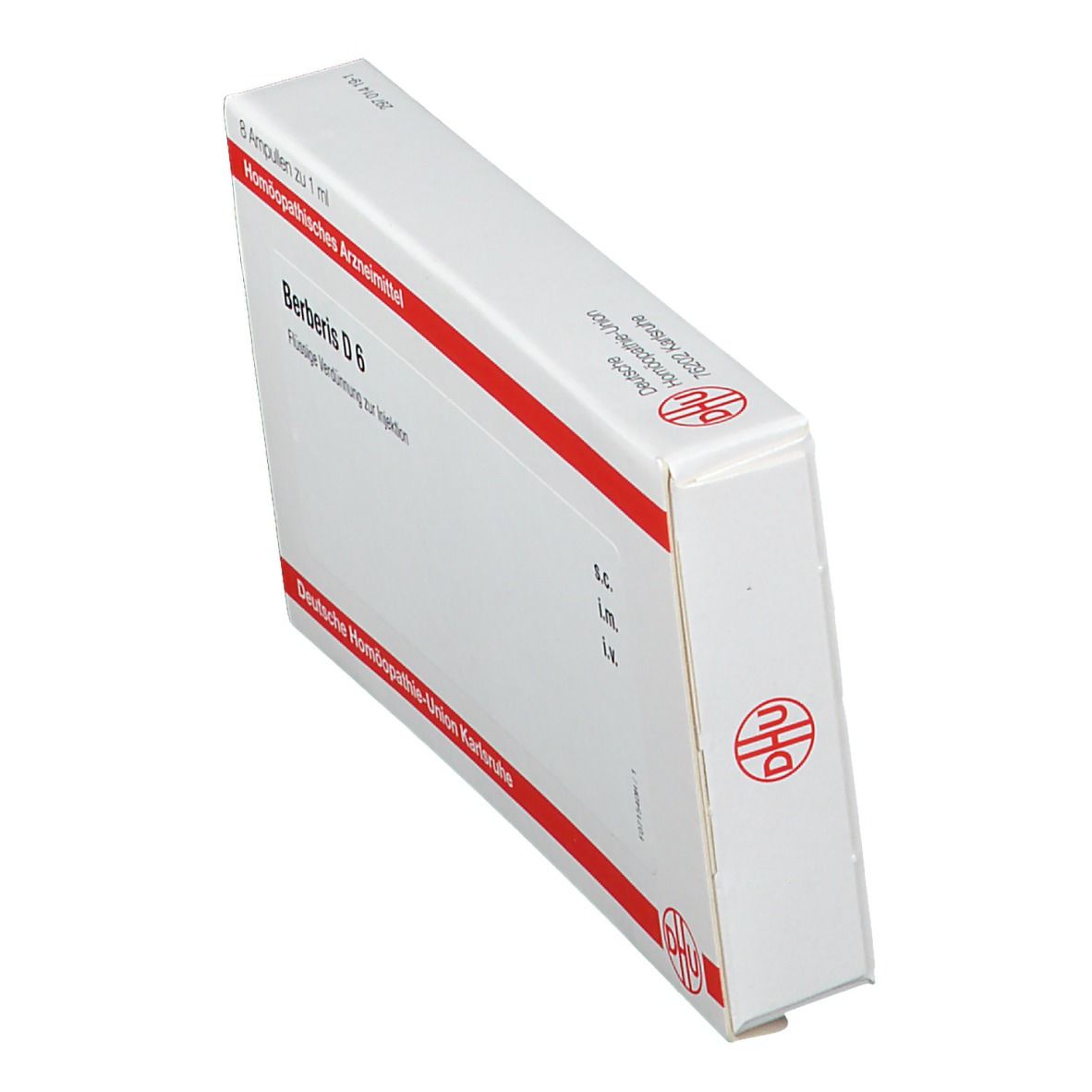 Schachtel, weiß mit roter Umrandung. Aufschrift: Berberis D 6. Logo: DHU. Seitenansicht.