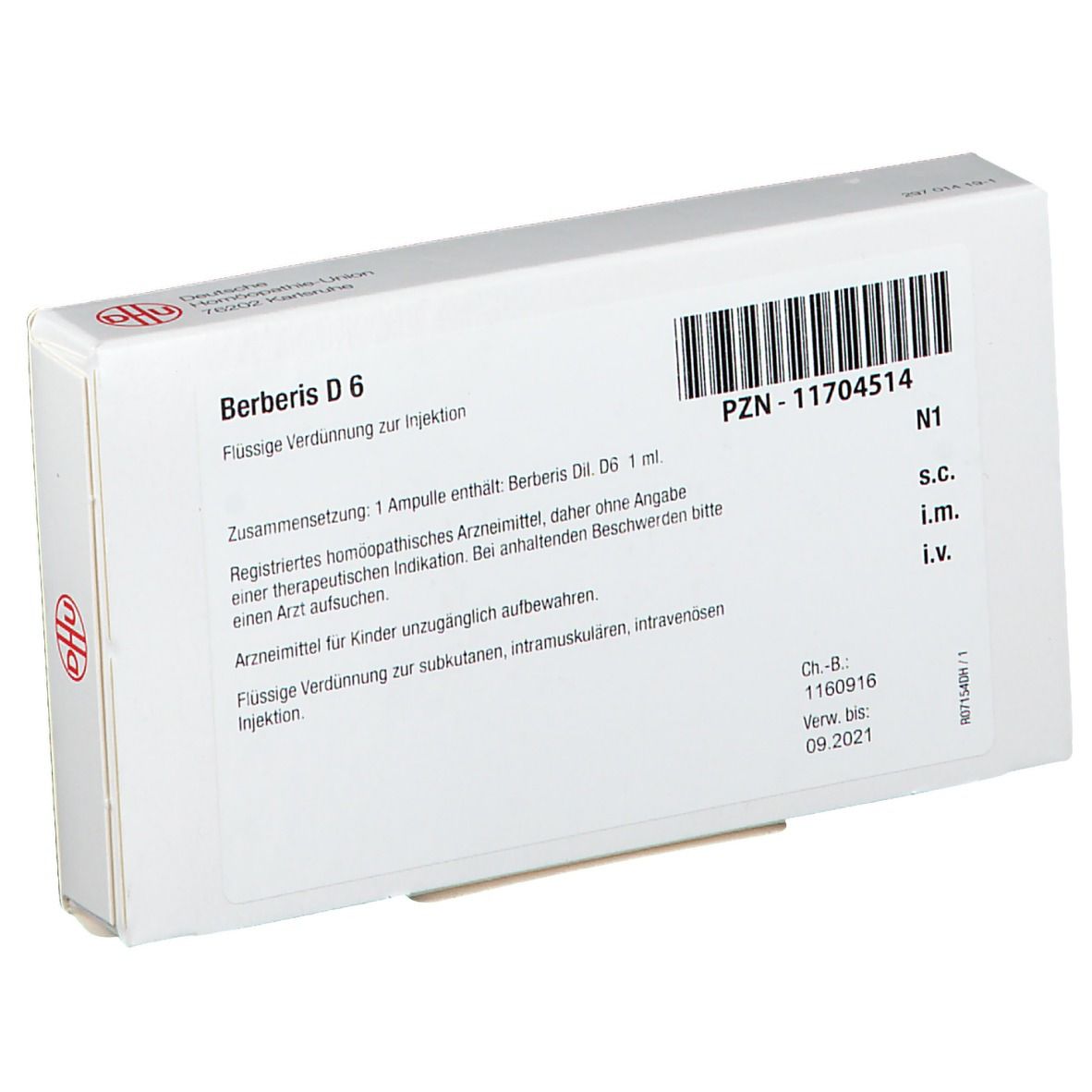 Weiße Schachtel mit roter Umrandung. Aufschrift: Berberis D 6. Barcode. Logo: DHU. Text.