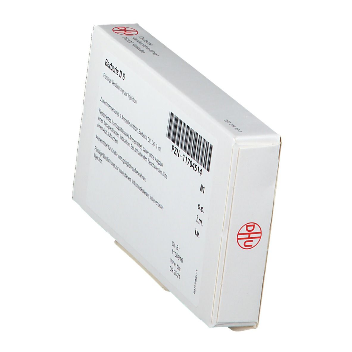 Weiße Schachtel mit roter Umrandung. Aufschrift: Berberis D 6. Barcode. Logo: DHU. Seitenansicht.