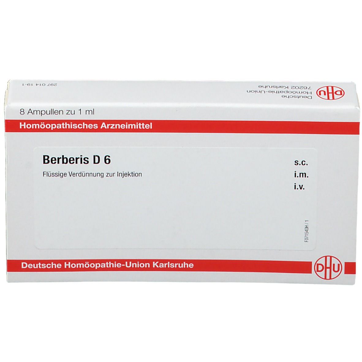 Weiße Schachtel mit roter Umrandung. Aufschrift: Berberis D 6. Enthält 8 Ampullen. Logo: DHU.